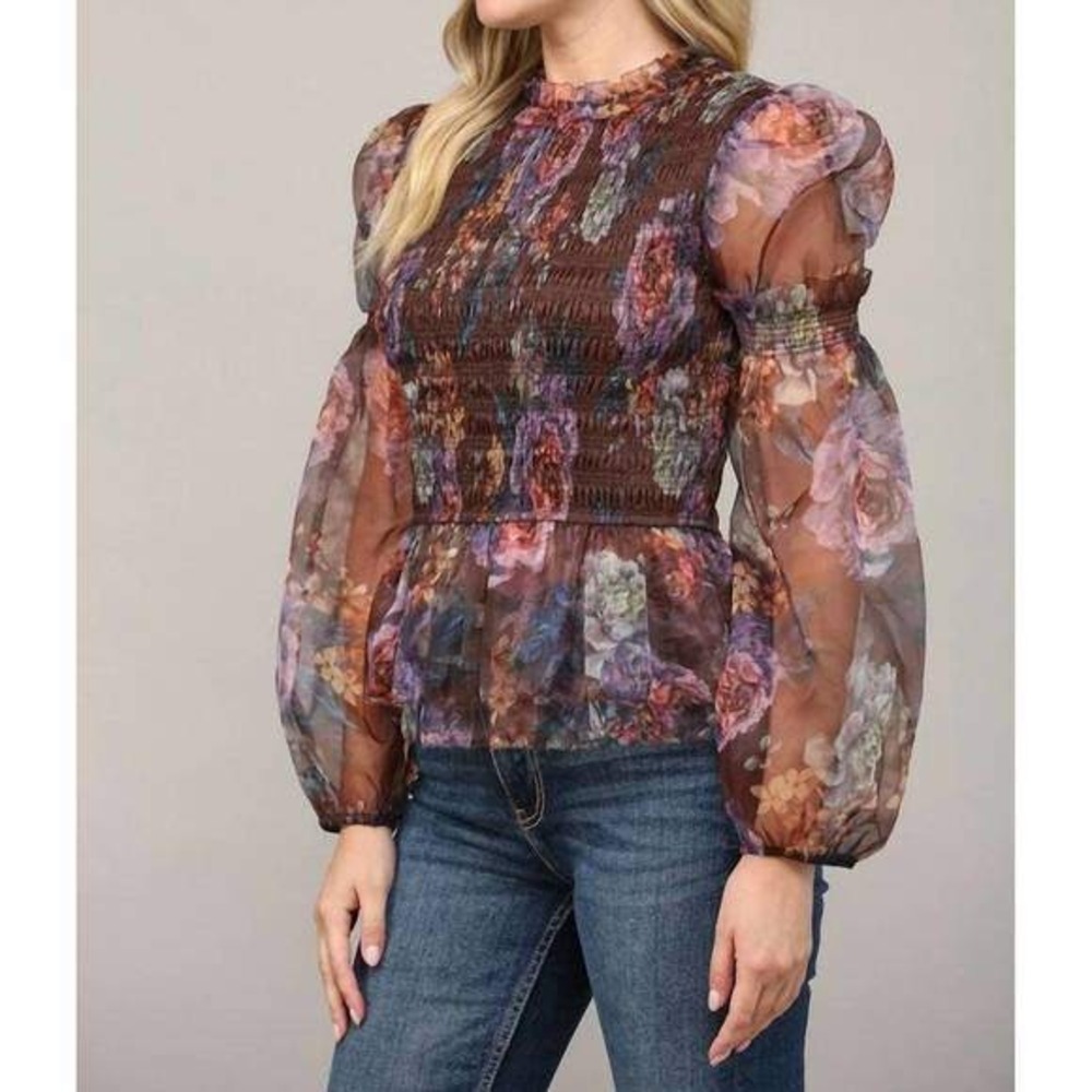 Fate Floral Sheer Smocked Peplum Blouse Top Womens S Mock Neck Elegant Romantic - Picture 2 of 11
